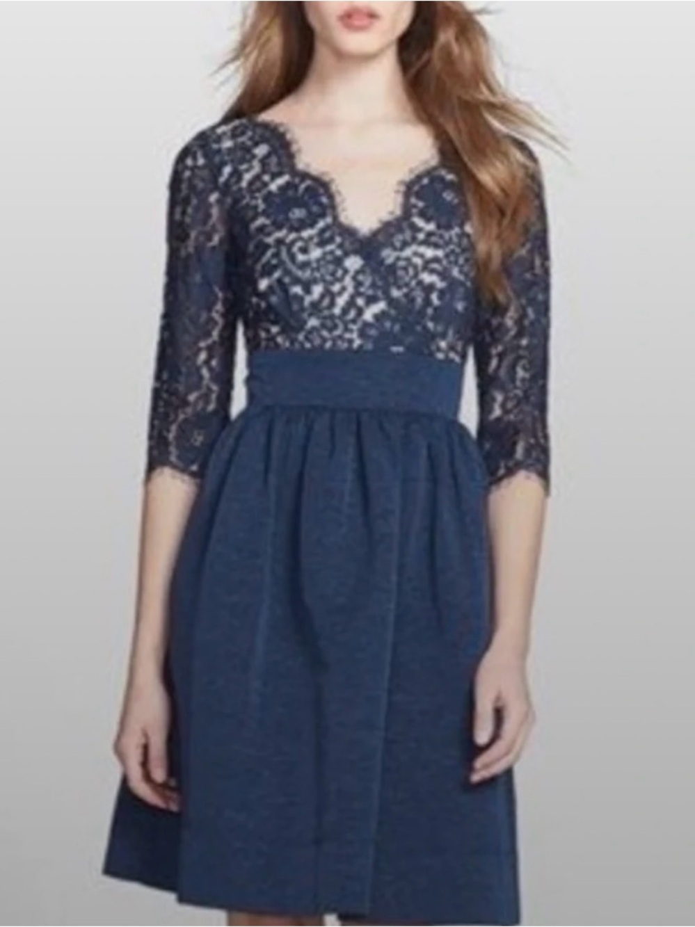 Eliza J Navy Lace Faille Fit and Flare Dress